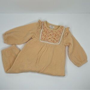 Peek Baby Girl Gauze Long Sleeve Jumpsuit 6-12 Mos. Yellow Pink Embroidered